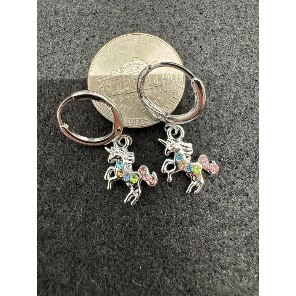 Multicolor Rhinestone Unicorn Dangle Hoop Earrings Silver Tone New
